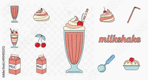 A colorful illustration of various milkshake treats and ingredients on a table indoors