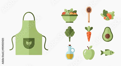 A green apron hangs beside fresh vegetables and fruits for a healthy cooking event at home indoors