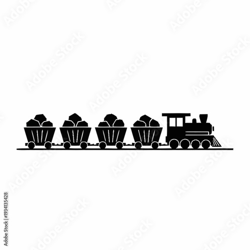 Silhouette of a classic steam train with four coal cars.