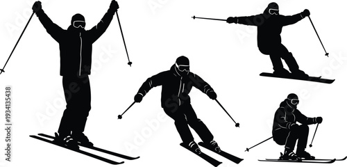 Black Silhouette Set Of Professional Skiers In Action, Downhill Skiing Figures, Winter Sports Icons, Extreme Alpine Athletes On White Background.
