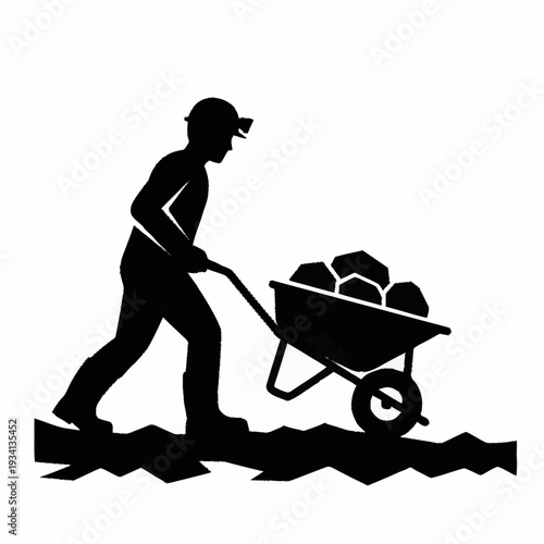 Silhouette of a miner pushing a wheelbarrow full of rocks and ore.