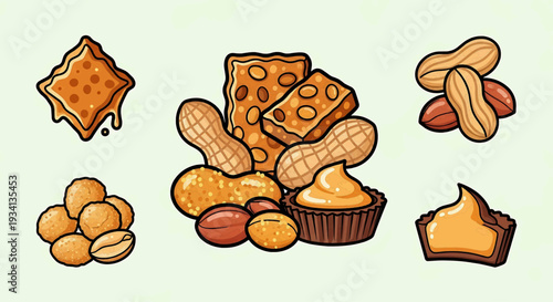 Vibrant Cartoon Illustration of Assorted Peanut Products Whole Peanuts, Creamy Nut Butter, Crunchy Brittle, and Savory Snacks for a Delicious Treat Collection
