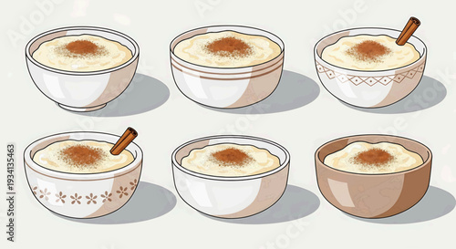 Set of six bowls filled with creamy rice pudding topped with cinnamon and a cinnamon stick
