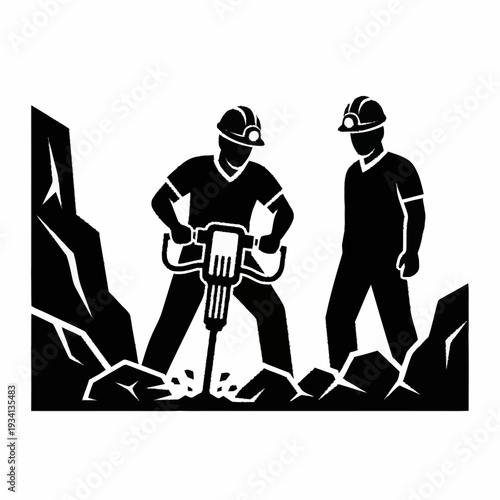Two miners with jackhammer working in a mine.