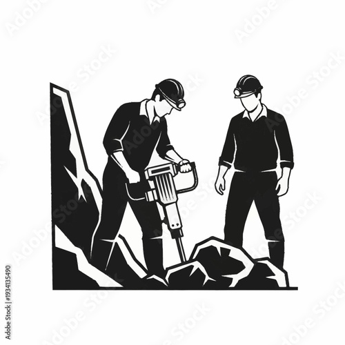 Two miners working with a jackhammer in a mine.