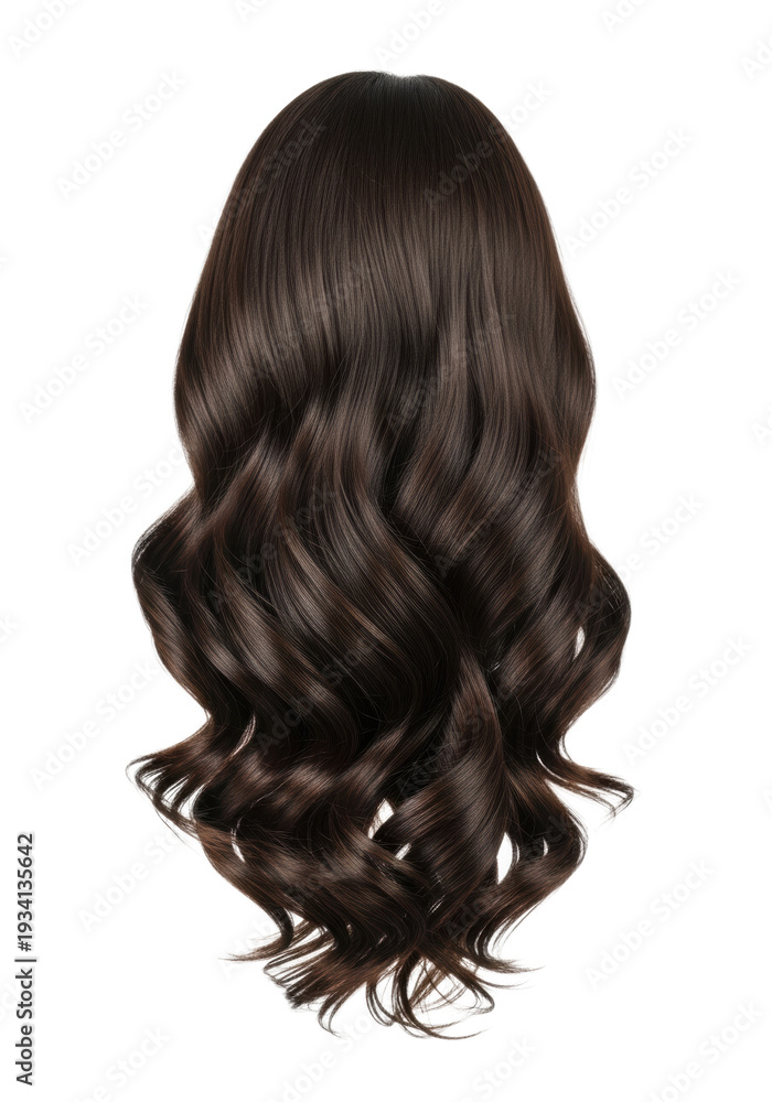 Naklejka premium Dark brown, lush wavy hair floating dynamically, showing individual textured strands and high shine, isolated on a transparent background with copy space. Concept for luxury hair care advertising