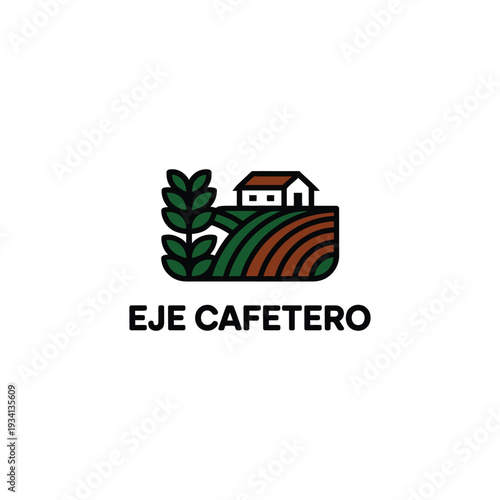 Professional Eje Cafetero Colombia coffee farm logo with landscape and house vector icon.