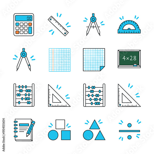 Collection of colorful flat icons representing various mathematical and educational tools