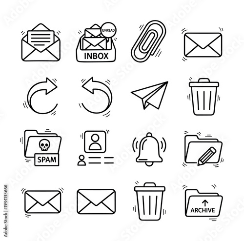 Collection of hand-drawn communication and digital icons for email and messaging services