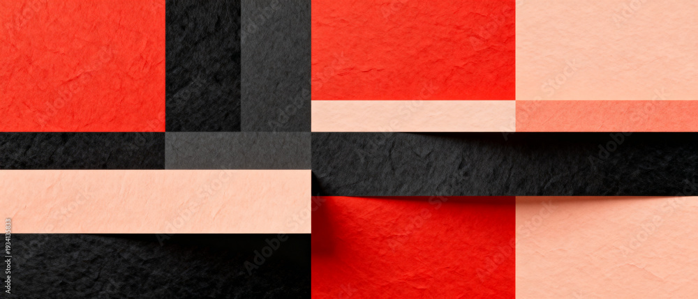 Fototapeta premium Abstract layered design with red, black, and peach paper textures, horizontal background
