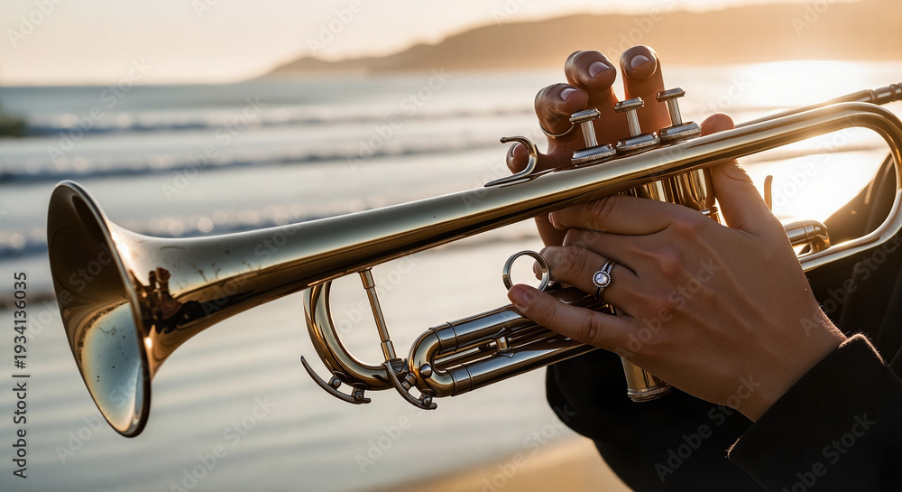 Fototapeta premium Man playing trumpet on beach at sunset with ocean background 