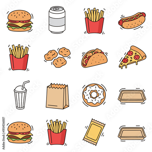 Collection of popular fast food icons in a simple, clean doodle art style