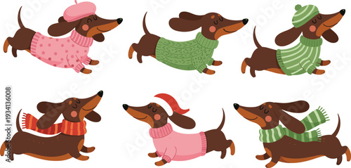 Cute Dachshund Dog Cartoon Set in Winter Clothes with Sweaters, Hats and Scarves Adorable Pet Vector Illustration Collection
