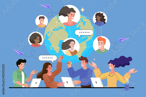 Diverse group of people connecting globally via digital network and social media