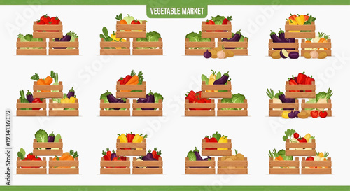 Vector illustration of a fresh vegetable market featuring a diverse selection of organic produce in wooden crates, perfect for healthy eating and grocery themes