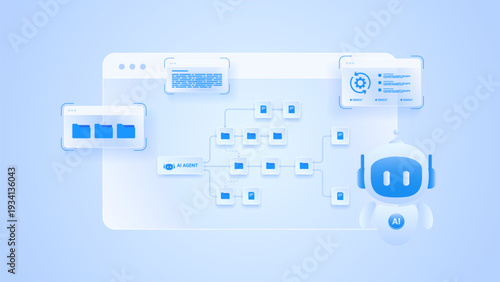 AI workflow automation artificial intelligence. ai agent workflow managing digital documents on dashboard with files panels and processing flow.
