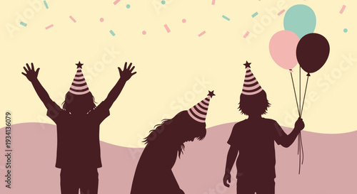 Children's Party Silhouettes Celebrating with Balloons, Confetti & Party Hats