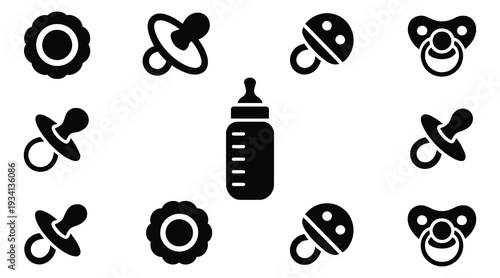 Baby pacifier, teether and bottle silhouette icon set