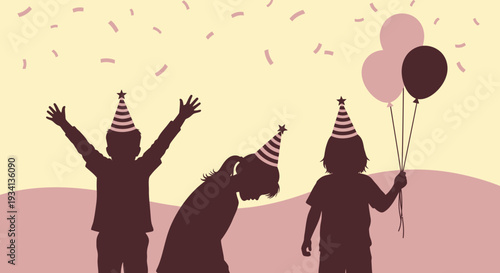Joyful Children's Birthday Party Celebration with Silhouettes, Confetti, and Balloons on a Pastel Background