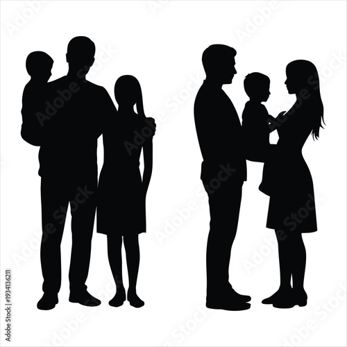 Silhouette Family Couple With Two Children On White Background Keywords: family, silhouette