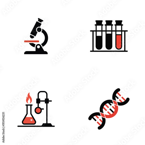 Professional laboratory icon set with microscope dna test tube and flask for medical research.