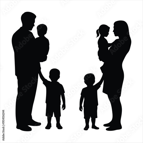 Silhouette Family Group With Two Children Standing Together Keywords: family, silhouette