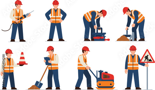 Construction workers vector set with builder tools roadwork equipment and safety uniform illustrations