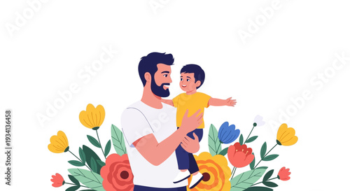 Happy Father and Son Bonding with Colorful Flowers Illustration - Parental Love & Family Joy