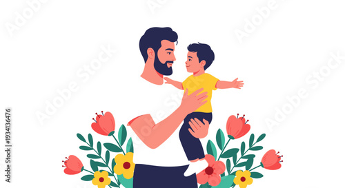 Loving Father Holding Son Amidst Vibrant Flowers, Celebrating Family Bond and Parental Love