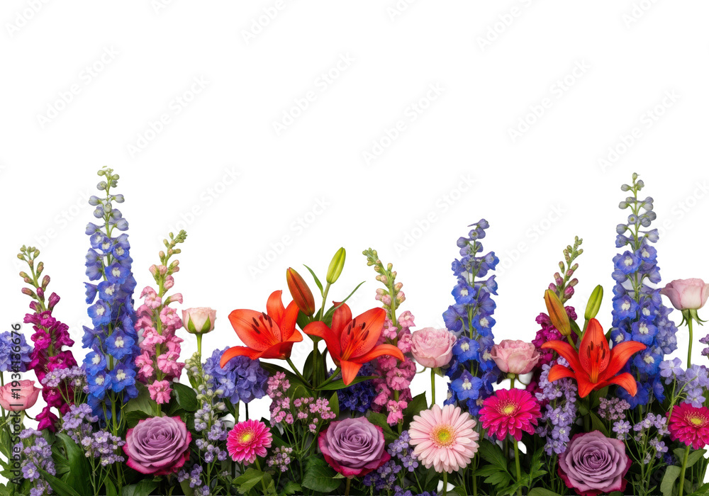 Fototapeta premium ultra-realistic flat lay of purple, red, and blue garden flowers bordering a transparent background with sharp focus and ample copy space. concept for elegant floral composition
