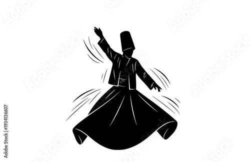 Rumi Poet Whirling Dervish Silhouette, Sufi Mysticism History Vector Sticker, Spiritual Literature and Poetry Illustration