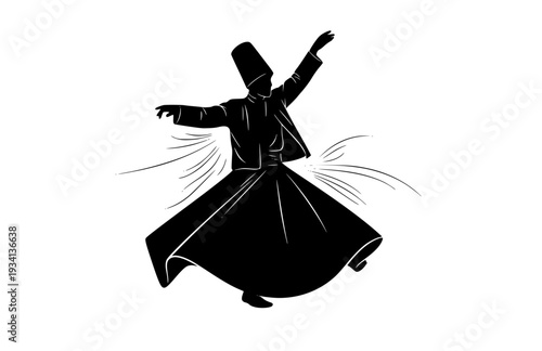 Rumi Poet Whirling Dervish Silhouette, Sufi Mysticism History Vector Sticker, Spiritual Literature and Poetry Illustration