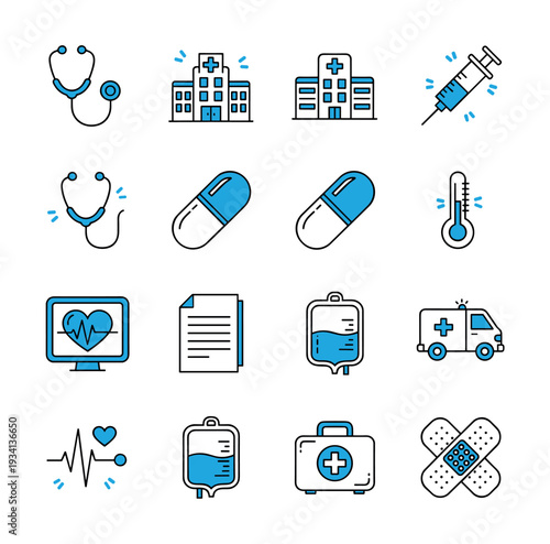 Collection of medical icons representing healthcare services and equipment in blue and white