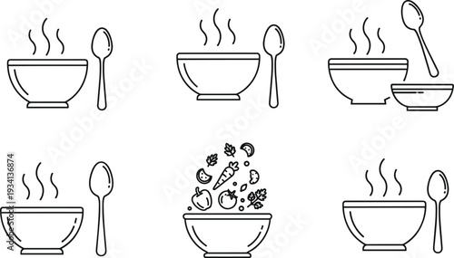 Hot Soup Bowl Line Icon Set with Spoon and Steam Symbols for Restaurant Menu, Cooking and Food Service Design