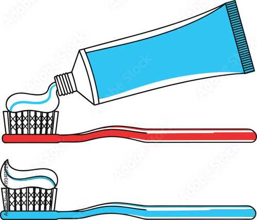 Toothbrush and Toothpaste Illustration Set with Squeezed Toothpaste on Bristles for Oral Hygiene and Dental Care Design