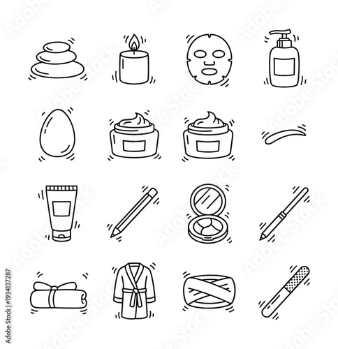 Collection of hand-drawn icons representing beauty and spa treatments for self-care