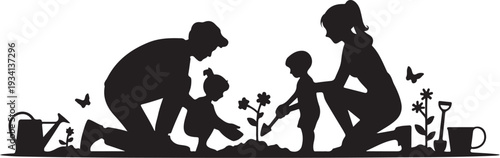 Black silhouette family planting flowers with gardening tools