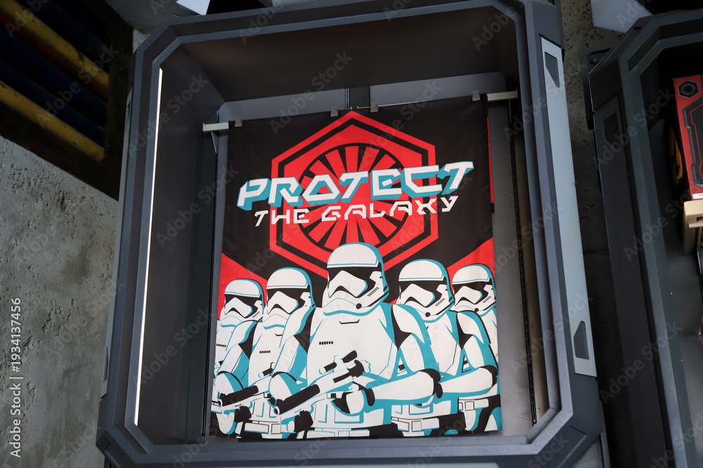 Obraz premium Star Wars First Order Stormtrooper poster sign with “Protect the Galaxy” slogan
