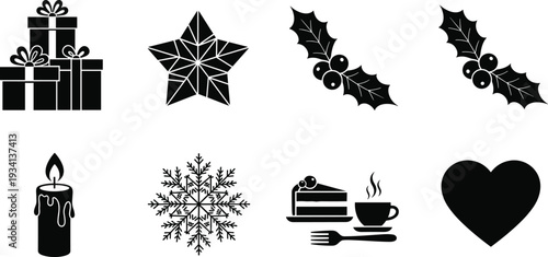 Christmas Holiday Icon Vector Set with Gift Boxes Star Holly Berries Burning Candle Snowflake Cake Coffee and Heart Silhouette Illustrations
