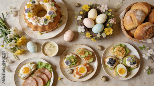Top view of a festive Easter brunch table with decorated eggs, sliced ham, fresh bread, and traditional cake surrounded by spring flowers.