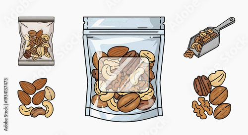 A bag of mixed nuts and various nuts are displayed on a surface with a scoop.