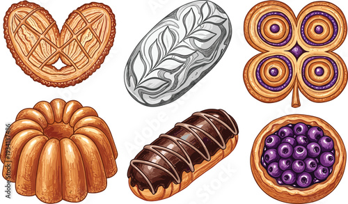 Assorted Pastry and Dessert Illustration Set with Bundt Cake, Eclair, Blueberry Tart, Heart Pie and Sweet Bakery Treats