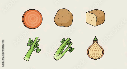 A colorful illustration of various vegetables on a plain background including carrot, potato, cheese, leek and onion.
