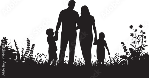 Black silhouette family with two children standing in flowers