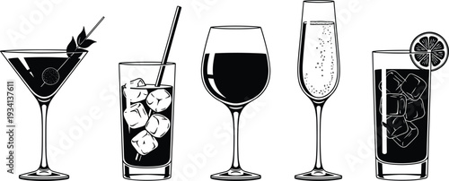 Cocktail and Beverage Glassware Vector Set featuring Martini Wine Champagne Flute and Iced Drink Silhouettes for Bar Menu and Party Design