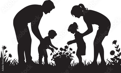 Black silhouette family with two children planting flowers