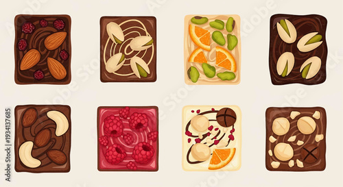 Assorted chocolates with nuts and fruits are arranged on a table.