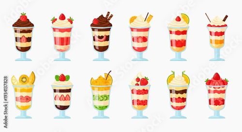 A vibrant illustration of various desserts displayed on elegant glasses on a table indoors.
