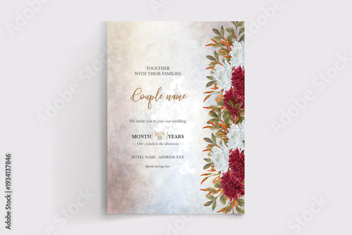 WEDDING INVITATION FRAME WITH FLOWER DECORATIONS AND FRESH LEAVES