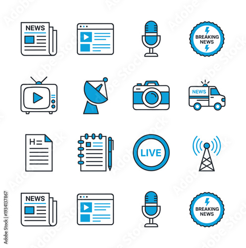 Collection of modern flat icons representing various media and news elements